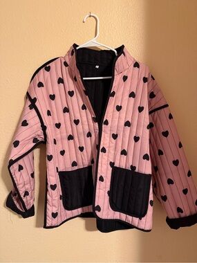 Pink Quilted Heart Print Jacket with Black Trim